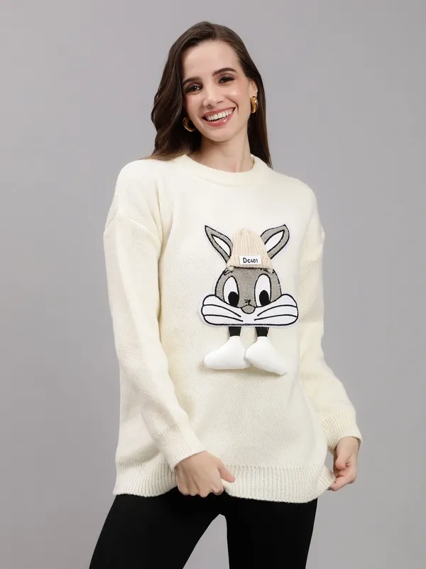 cute winter tops for women - Bunny Patch Knitted Long Pullover
