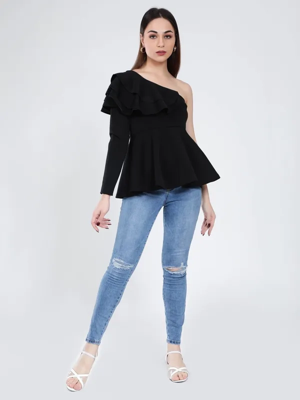 trendy cute black crop tops - off shoulder black peplum blouse