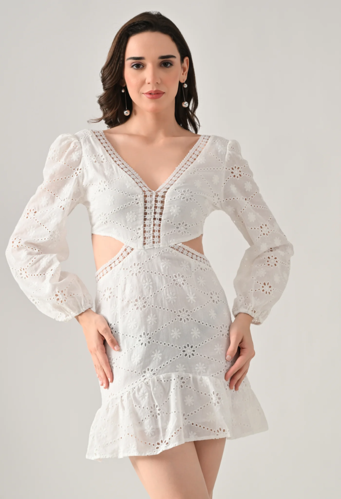 White Cut-Out Mini Skater Dress for Women - ANNY