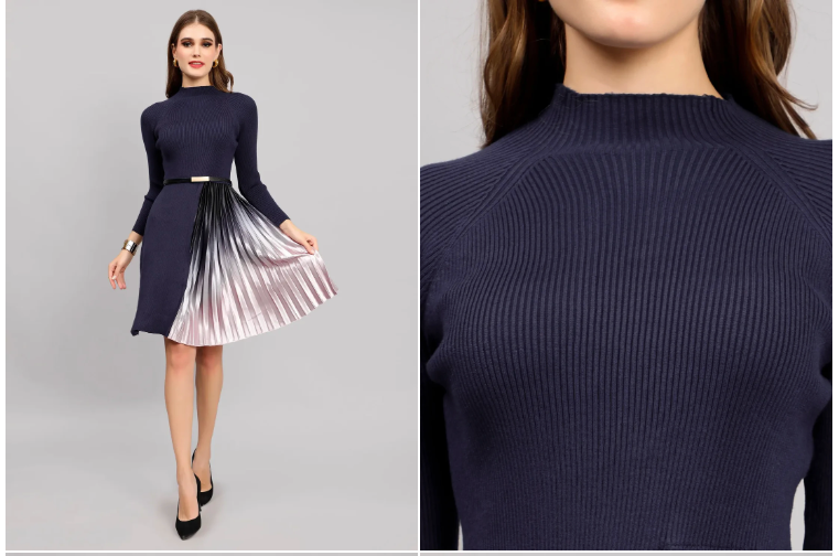 Winter Ribbed Pleated Dress – Perfect for Cozy Family Gatherings