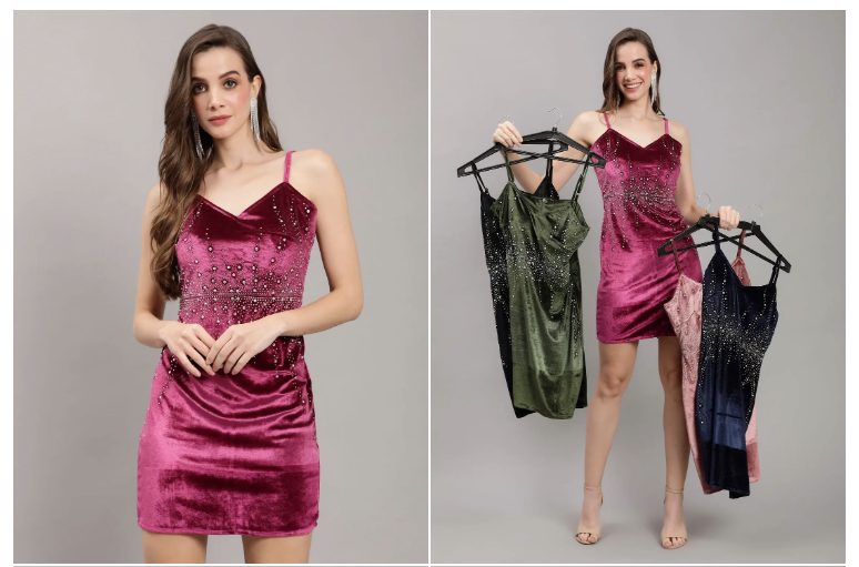 Rhinestones Studded Velvet Strappy Dress – Glam Up for Night Parties